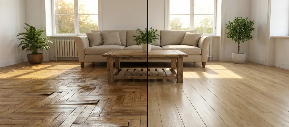 مقارنة تأثير الماء على الباركيه العادي و SPC